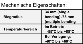 Biegradius 34 mm (single  bending) /68 mm  (multiple bending Temperaturbereich im Betrieb:                    -55°C bis +85°C Bei Verlegung:              -40°C bis +60°C Mechanische Eigenschaften: